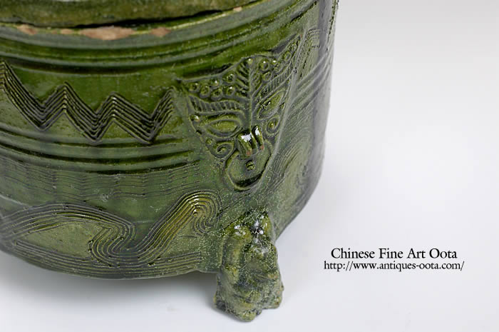 中国美術 灰陶緑釉 三足蓋付三獣摘 鼎 直径35cm 細密細工 古美術