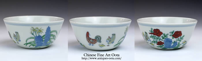 ♦中国 古い倣古品 チキンカップ 大明成化年製 染付色絵 闘彩鶏図 茶碗 骨董品